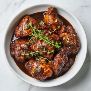 An overhead shot of homemade Jamaican Brown Stew Chicken served in a rustic white ceramic bowl. The tender chicken pieces are covered in a savory, dark gravy.