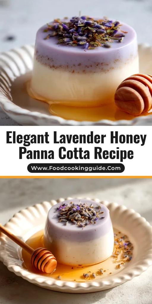 A beautiful Lavender Honey Panna Cotta in a glass, drizzled with honey and garnished with fresh lavender sprigs. The perfect elegant and easy dessert recipe.