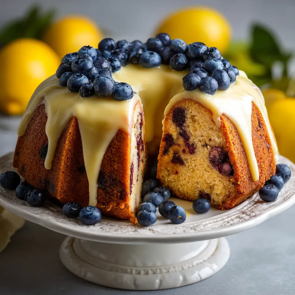 A beautiful whole lemon blueberry bundt cake drizzled with a shiny lemon glaze, sitting on a cake stand with fresh lemons and blueberries scattered around.