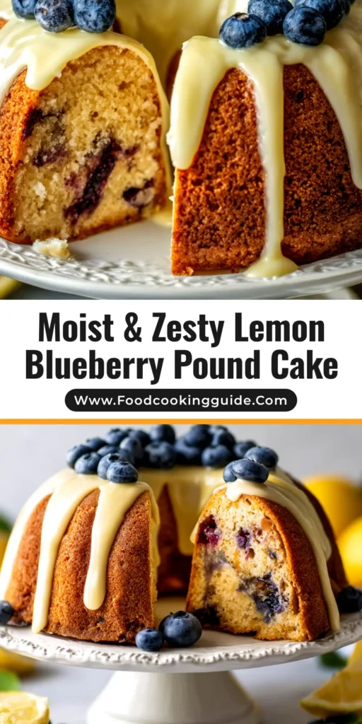 A perfect slice of moist lemon blueberry pound cake on a white plate, showing juicy blueberries and a thick lemon glaze dripping down the side.