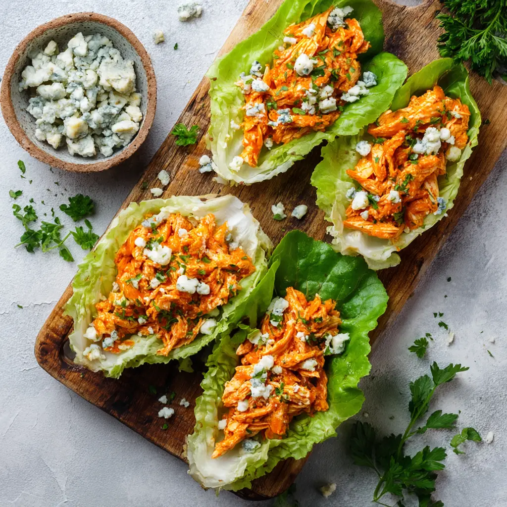 A close-up shot of a single low-carb buffalo chicken lettuce wrap, highlighting the creamy sauce and crunchy toppings.