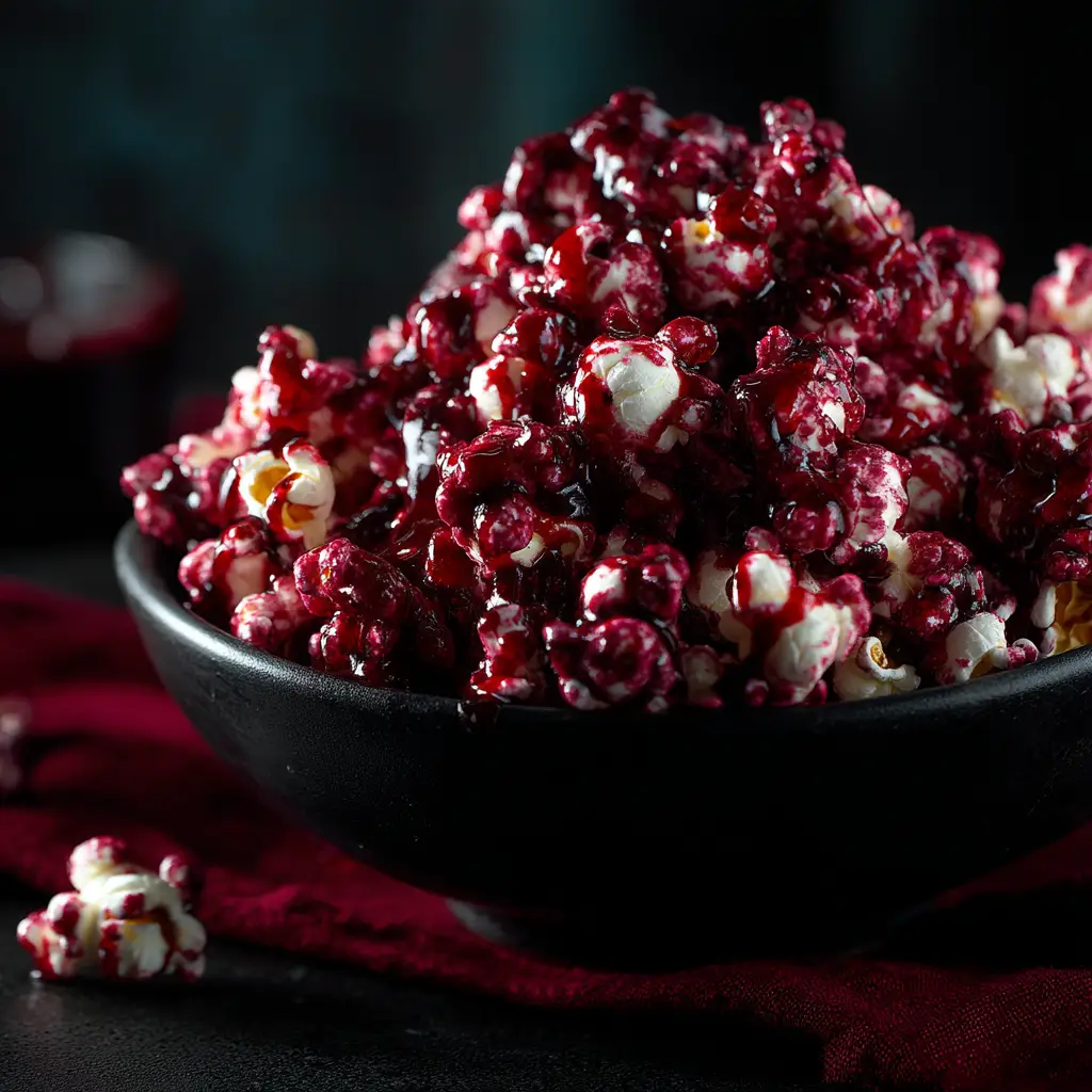 Red velvet popcorn being coated in melted white chocolate before the 'blood' is added.