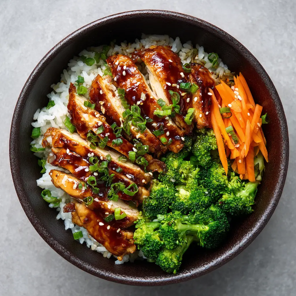 A close-up action shot showing the glossy homemade teriyaki sauce being poured over cooked chicken in a skillet.