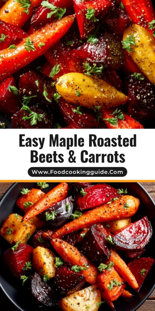 Maple Roasted Beets and Carrots: A Simple & Elegant Side Dish 4 A top-down view of a white serving platter filled with vibrant maple roasted beets and carrots, garnished with fresh herbs.