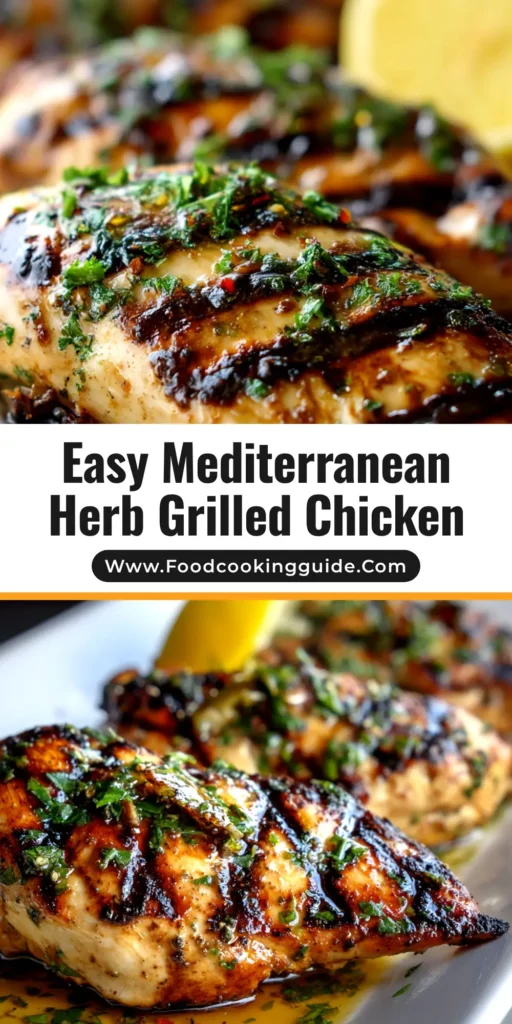 An overhead shot of sliced Mediterranean grilled chicken on a platter, garnished with fresh herbs and lemon wedges, highlighting its juicy texture.