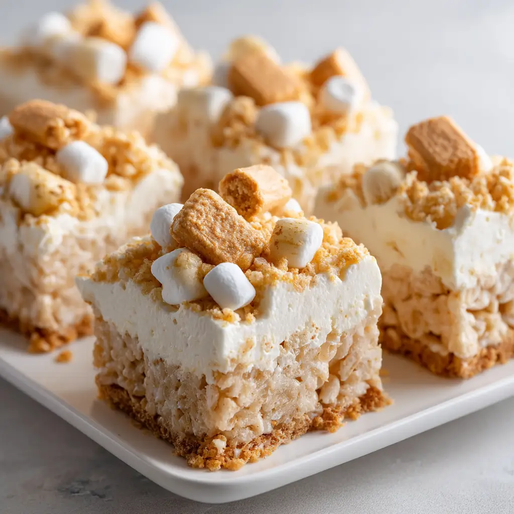 Banana Pudding Rice Krispie Treats: The Ultimate No-Bake Dessert 1 A pan of freshly made no-bake dessert bars before being cut, drizzled with white chocolate and sprinkled with cookie crumbs.