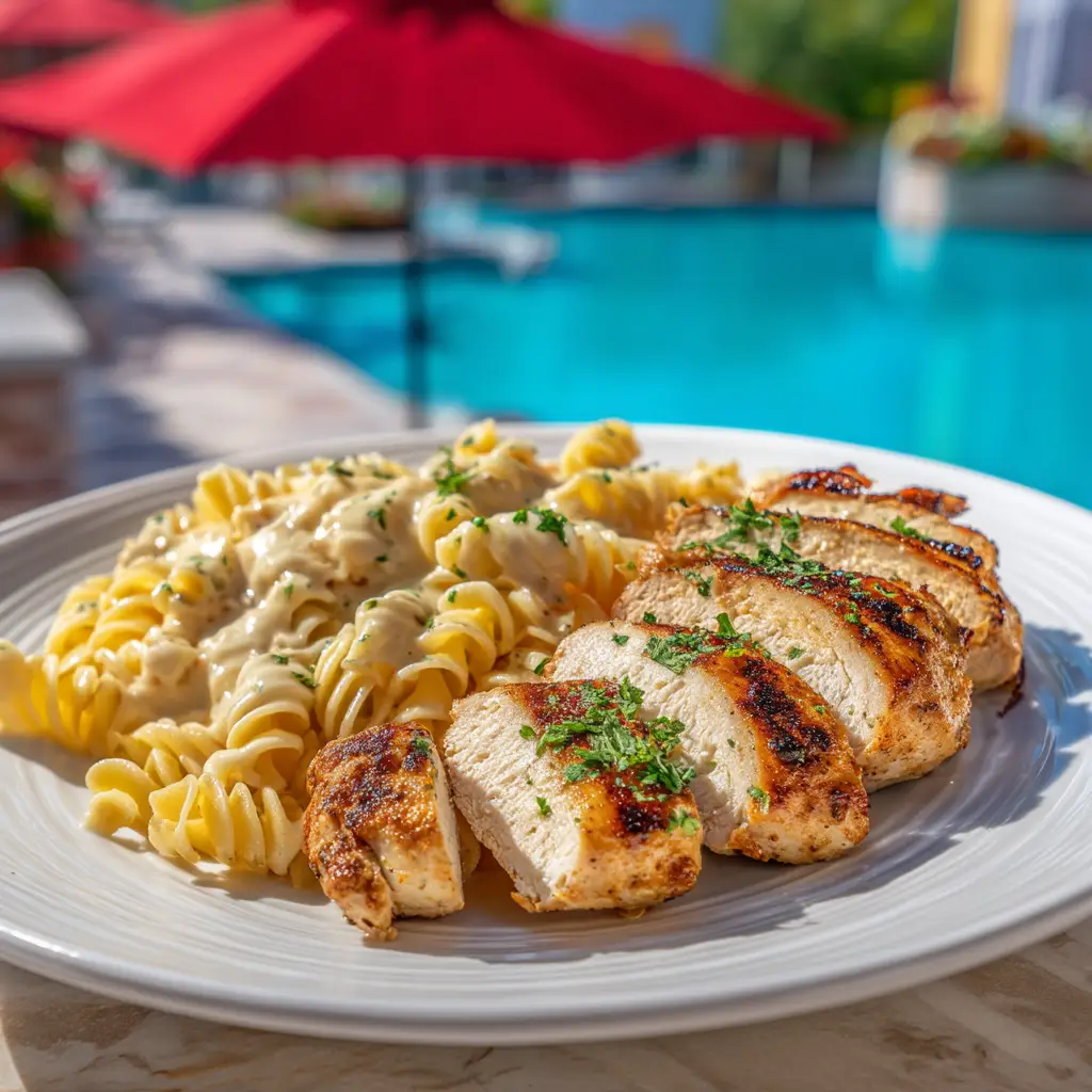 An overhead view of the creamy garlic butter chicken in a skillet, showing the full one-pan meal.