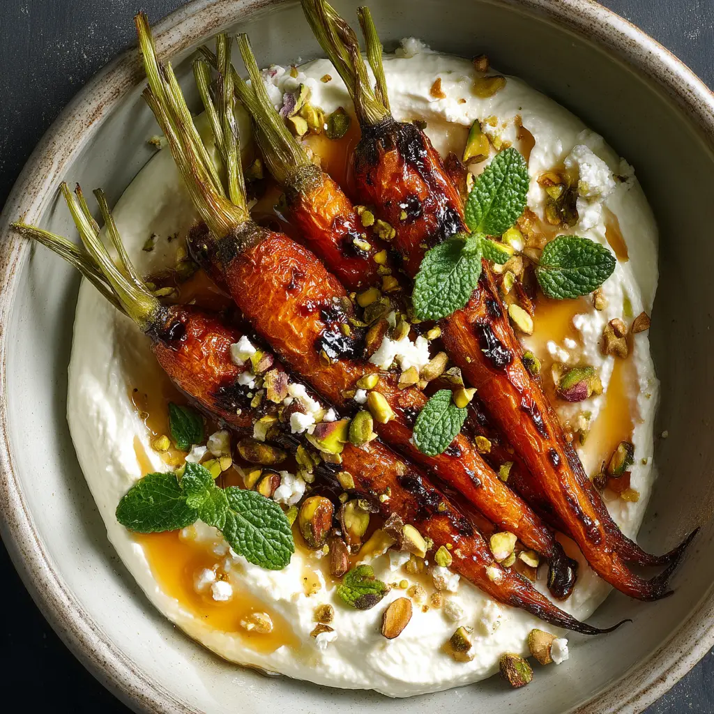 A serving dish filled with delicious oven-roasted carrots with feta, parsley, and a drizzle of hot honey glaze.