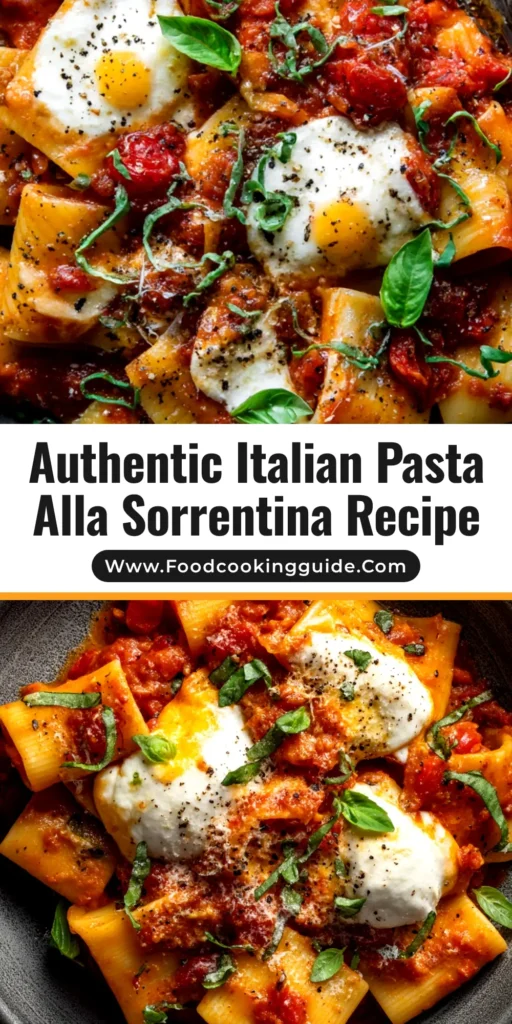 A close-up overhead shot of a baking dish filled with delicious Pasta alla Sorrentina, showing melted mozzarella cheese and fresh basil.