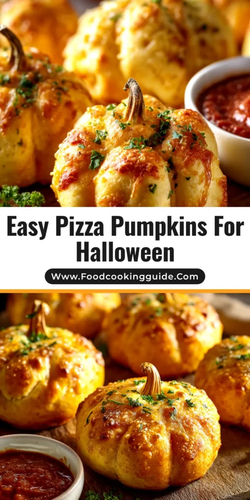 A platter of golden-brown Pepperoni Pizza Pumpkins, perfectly shaped with pretzel stems, ready for a Halloween party.