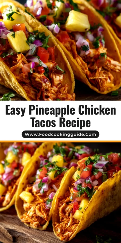 A vibrant overhead shot of three Pineapple Chicken Tacos packed with juicy chicken and fresh pineapple salsa, ready to be eaten.