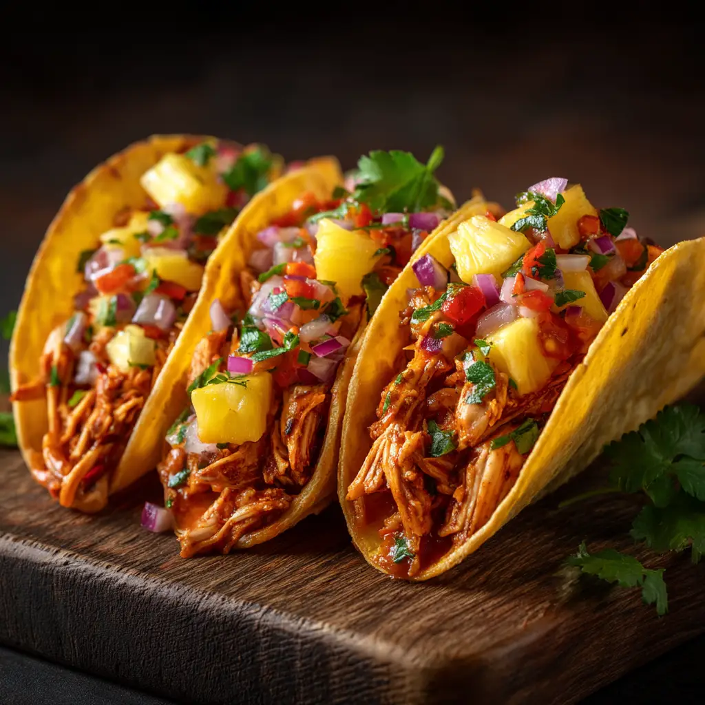 A beautiful spread of finished pineapple chicken tacos with bowls of toppings like cilantro and lime wedges nearby.