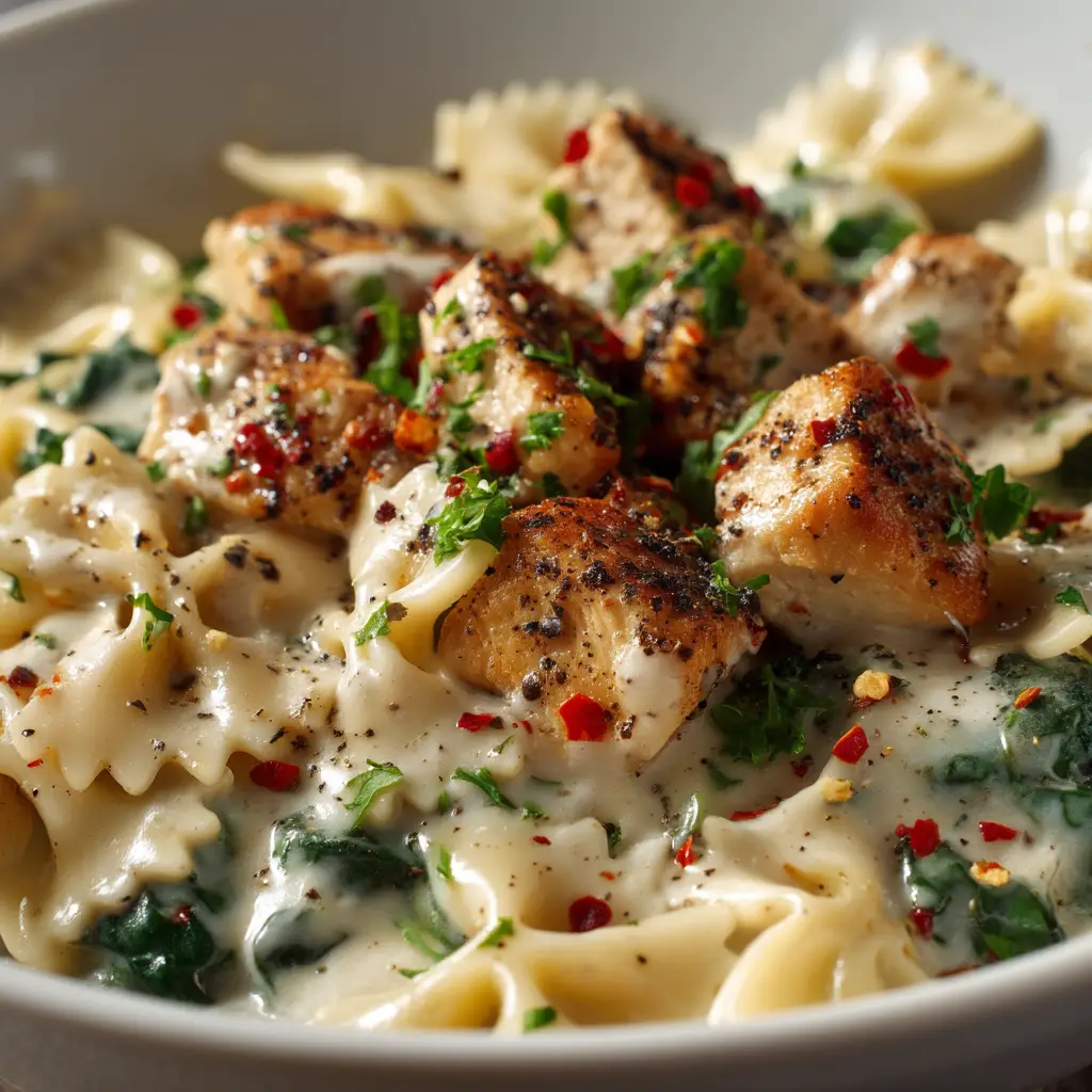 A beautiful plating of the finished Dairy Free Chicken Alfredo, showing the juicy chicken and parsley garnish in a rustic bowl.