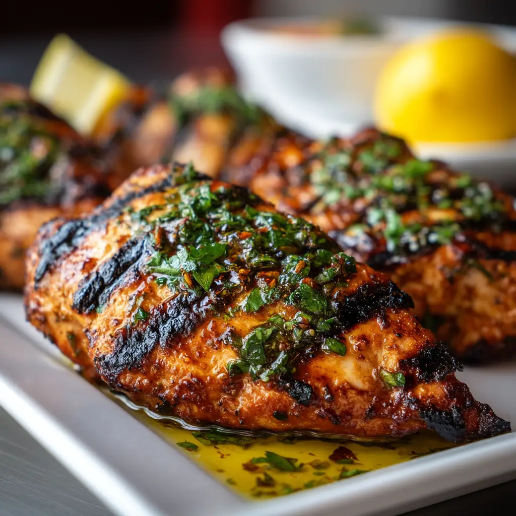 A close-up of the sliced, juicy Mediterranean grilled chicken served on a plate with a side of fresh Greek salad and tzatziki sauce.