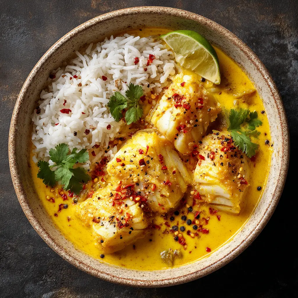 Yellow Curry Poached Cod: A 30-Minute, One-Pan Wonder 1 A step-by-step process shot showing cod fillets being gently placed into the simmering yellow curry sauce in a skillet.