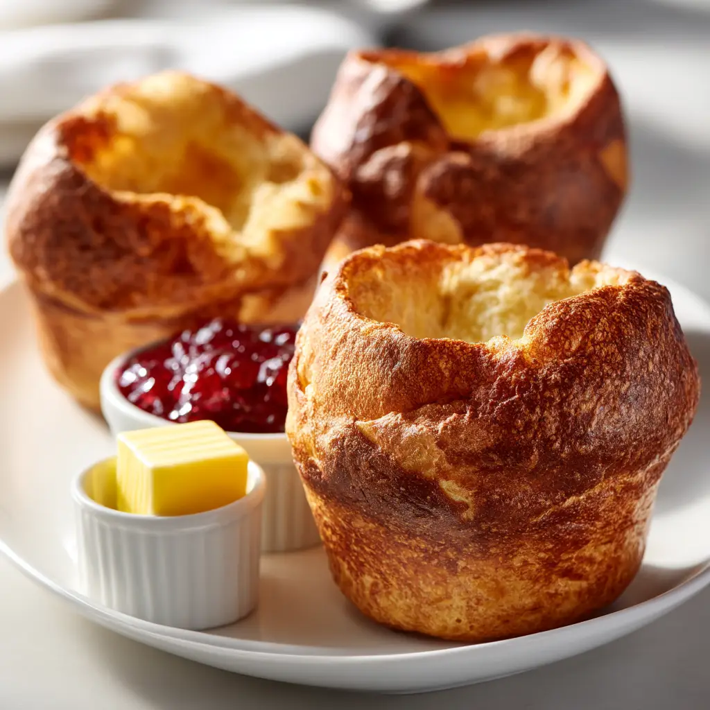 A close-up of a popover being broken open to show the hollow, steamy, and custardy interior.