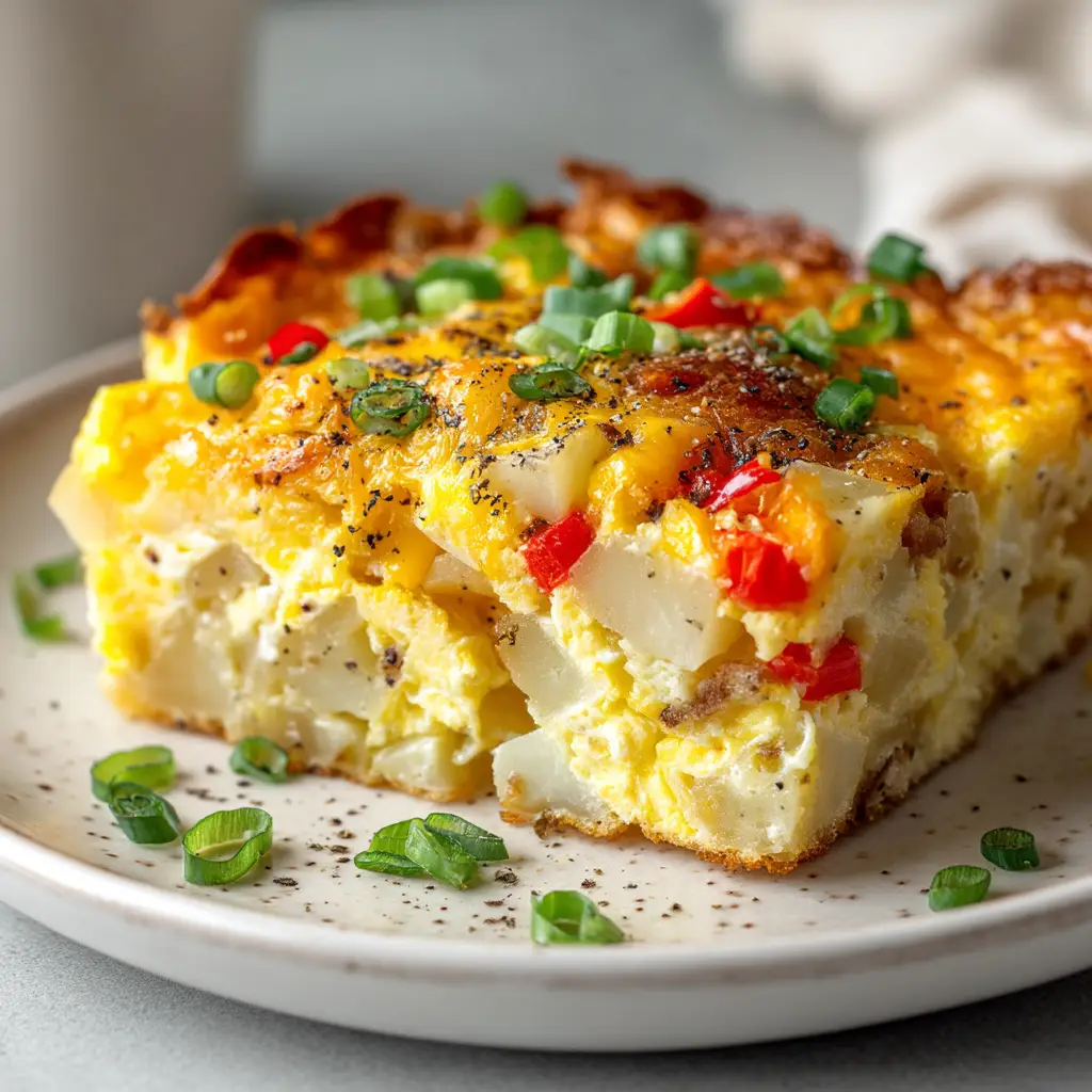 Potato Breakfast Casserole: The Ultimate Make-Ahead Recipe 2 A close-up shot of a slice of cheesy potato breakfast casserole on a white plate, showing the layers of egg, sausage, and potatoes.