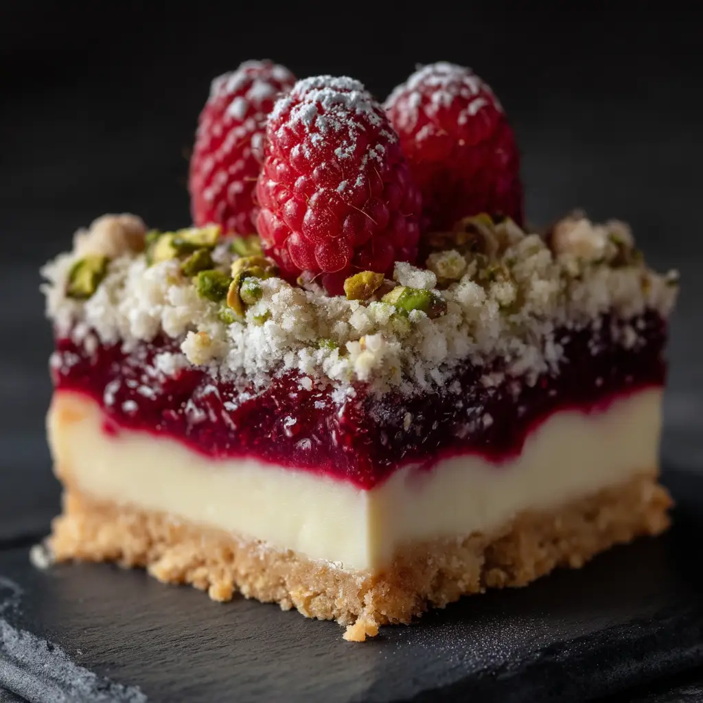 A close-up shot of a single raspberry pistachio bar, highlighting the crumbly pistachio shortbread crust and the jammy raspberry filling.