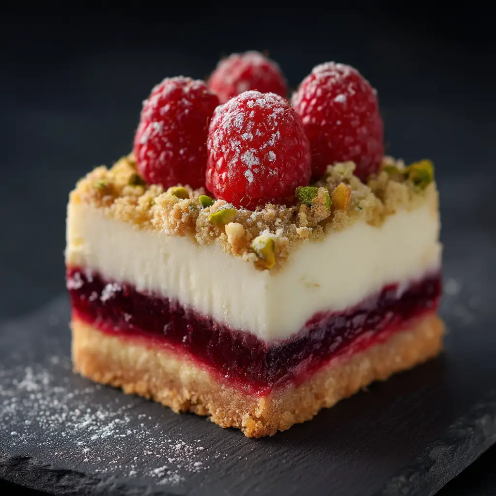 A stack of two raspberry pistachio bars with a bite taken out, showing the gooey raspberry center and the golden crumble topping.