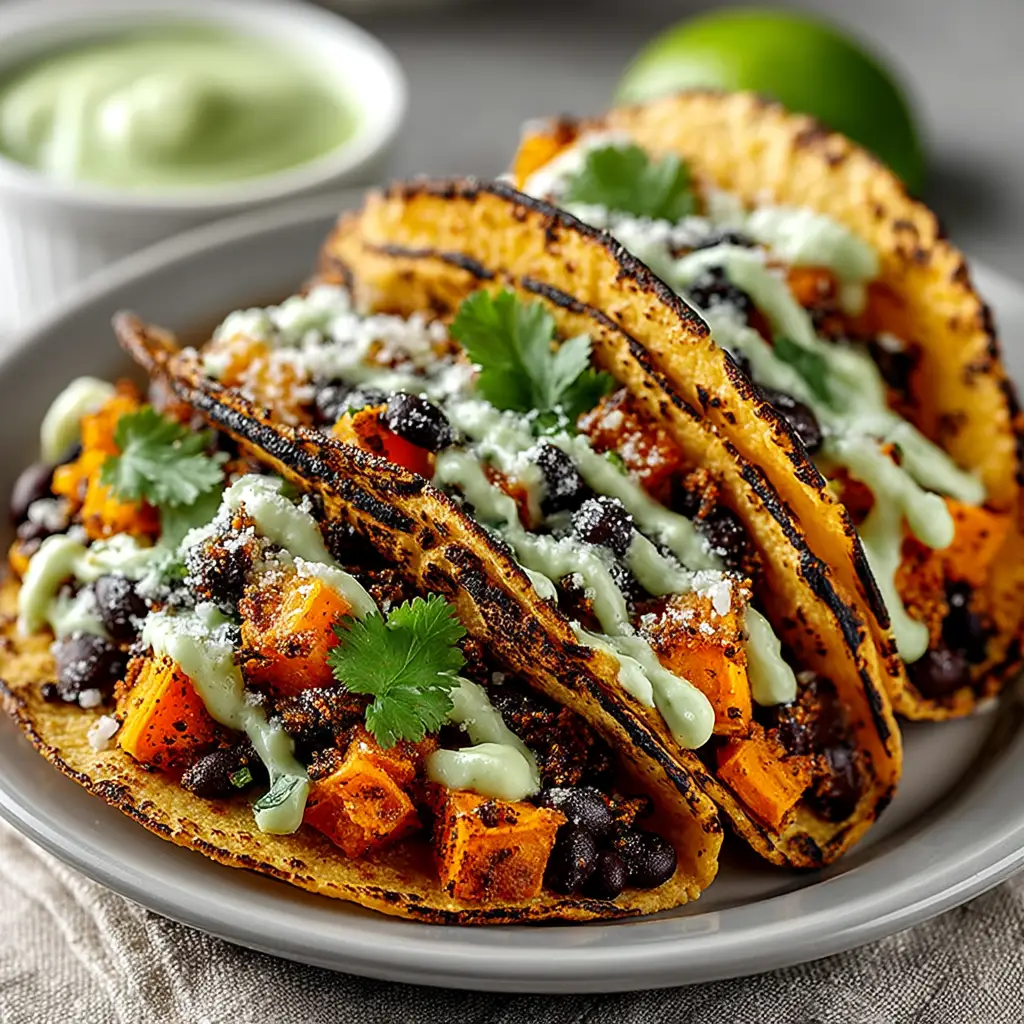 Sweet Potato Tacos (The BEST Easy Recipe!) 2 A platter showcasing three fully assembled roasted sweet potato tacos, topped with fresh cilantro and avocado slices against a clean background.