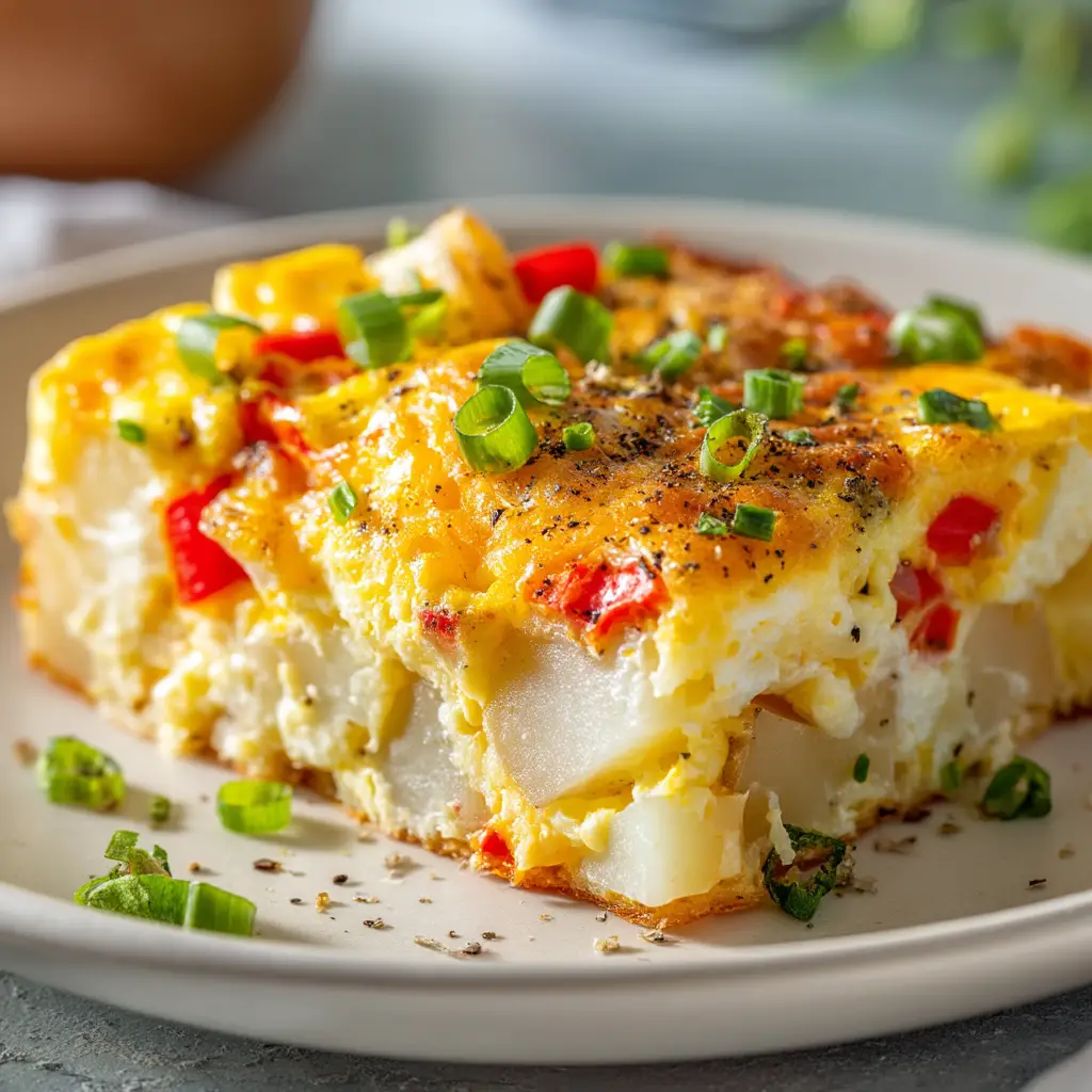 Potato Breakfast Casserole: The Ultimate Make-Ahead Recipe 1 Another angle of the sausage and egg breakfast bake, garnished with fresh green onions for a pop of color and flavor.