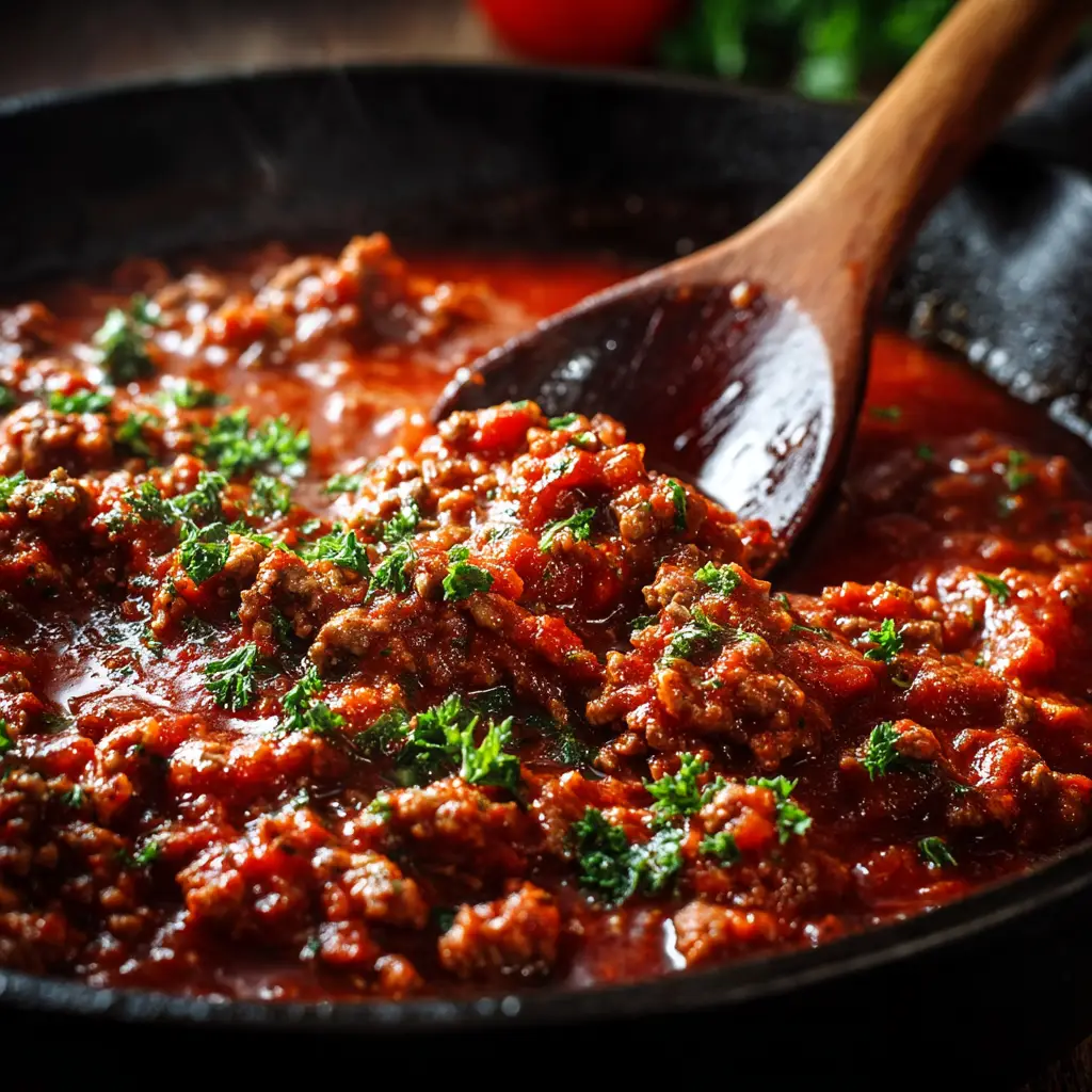 A wooden spoon scooping up authentic Italian gravy from a pot, with tender chunks of meat visible in the rich tomato sauce.