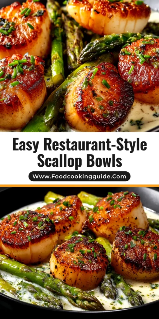 An overhead view of two healthy and delicious seared scallop bowls, filled with quinoa, fresh asparagus, and cherry tomatoes, all drizzled with a bright lemon garlic butter sauce.