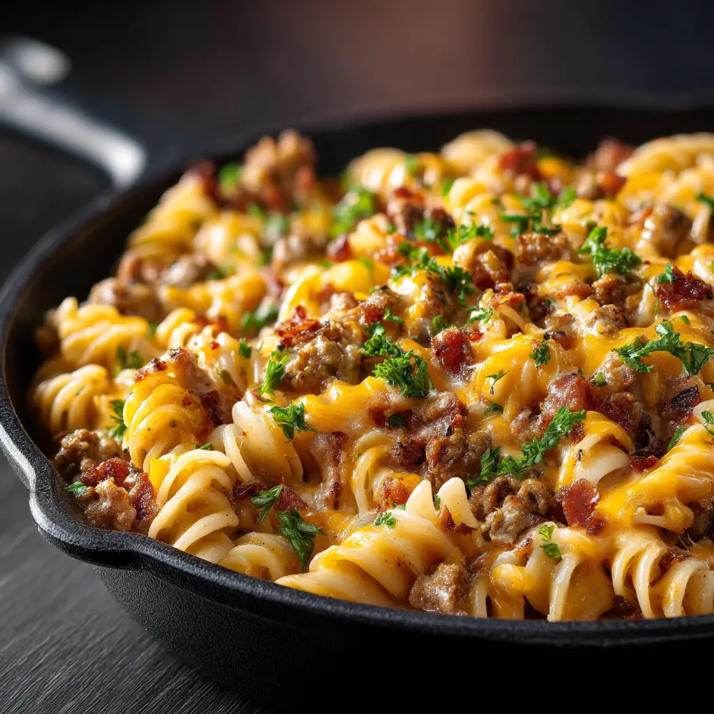A spoonful of bacon cheeseburger pasta being lifted from the bowl, showing the creamy texture and cheesiness of the dish.