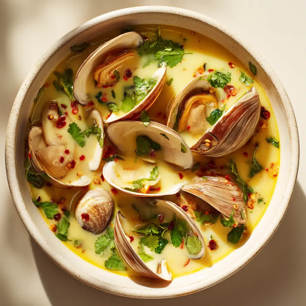A final plated bowl of coconut broth clams, served with a side of toasted bread perfect for dipping into the sauce.