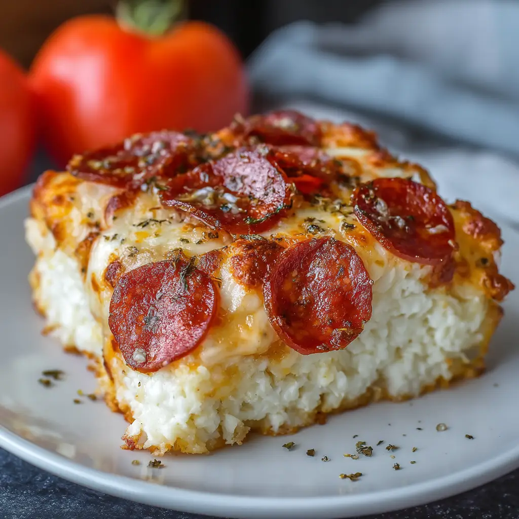 A square slice of the healthy pizza bake on a spatula, revealing the creamy cottage cheese base and layers of sauce and cheese. The background shows the rest of the casserole.