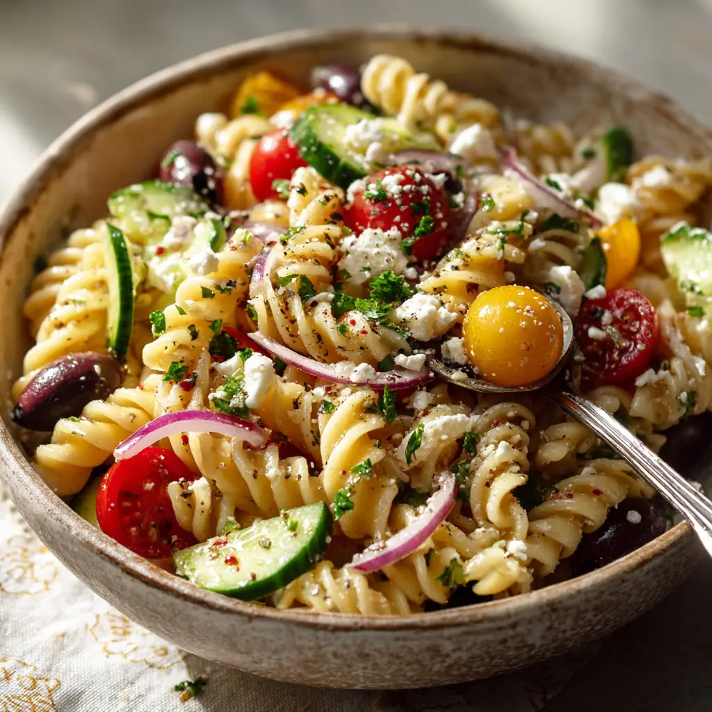 A serving of cold pasta salad with Italian dressing in a white bowl, ready to be eaten at a summer potluck.