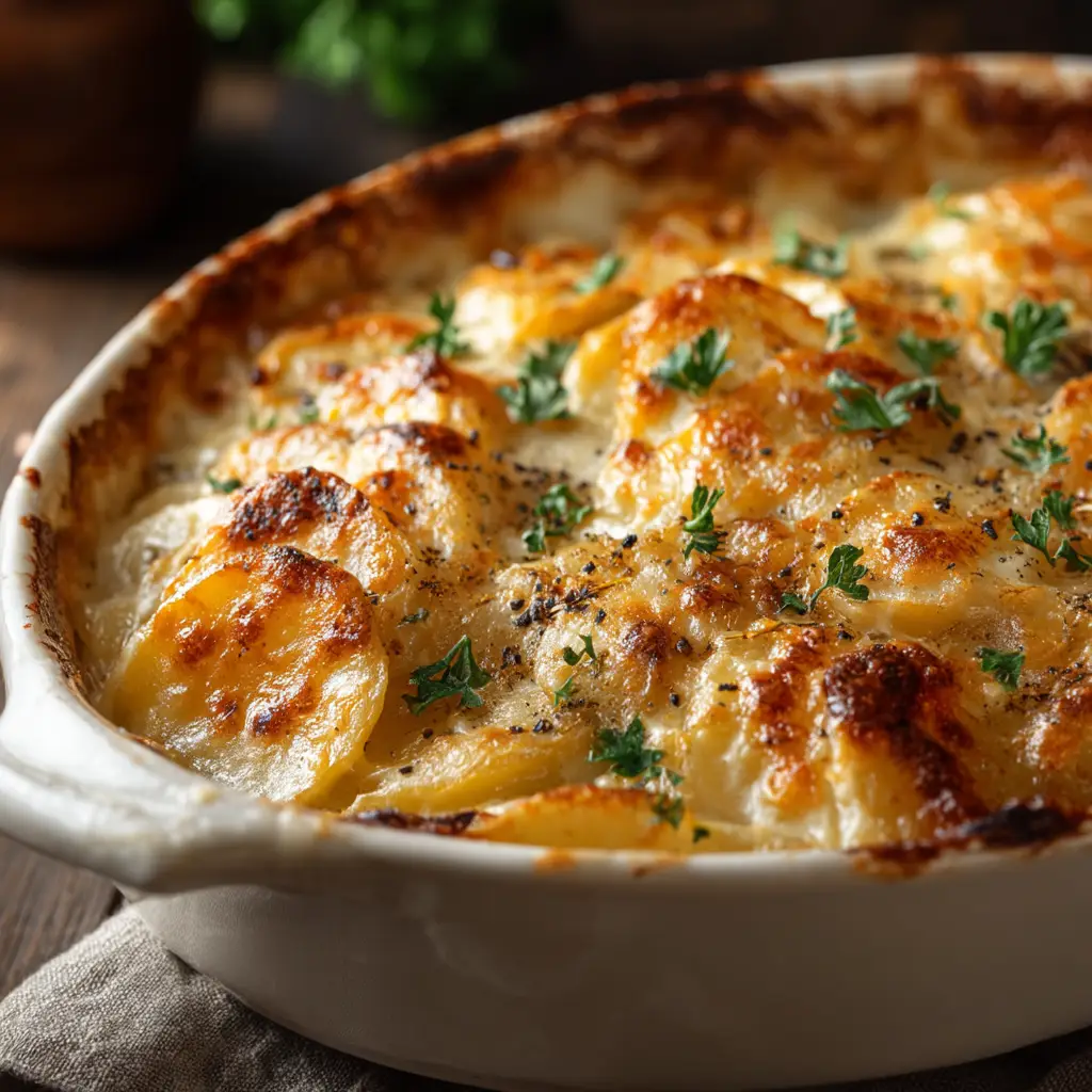 A serving of the baked scalloped potatoes recipe on a white plate, garnished with fresh herbs, ready to be eaten.