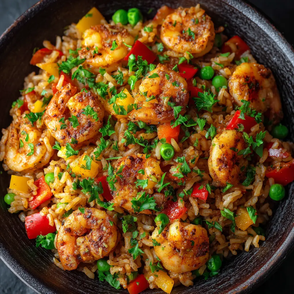 A scoop of Shrimp Dirty Rice on a fork, ready to be eaten. The image emphasizes the savory combination of ingredients in this classic Louisiana dish.