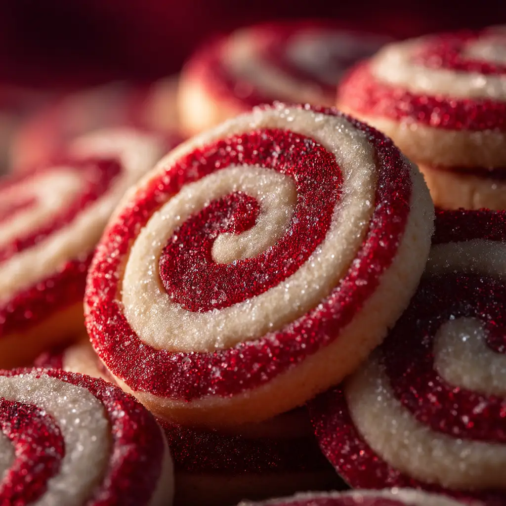 Twisted red and white cookie dough ropes ready to be shaped into candy cane cookies, shown on a floured surface before baking.