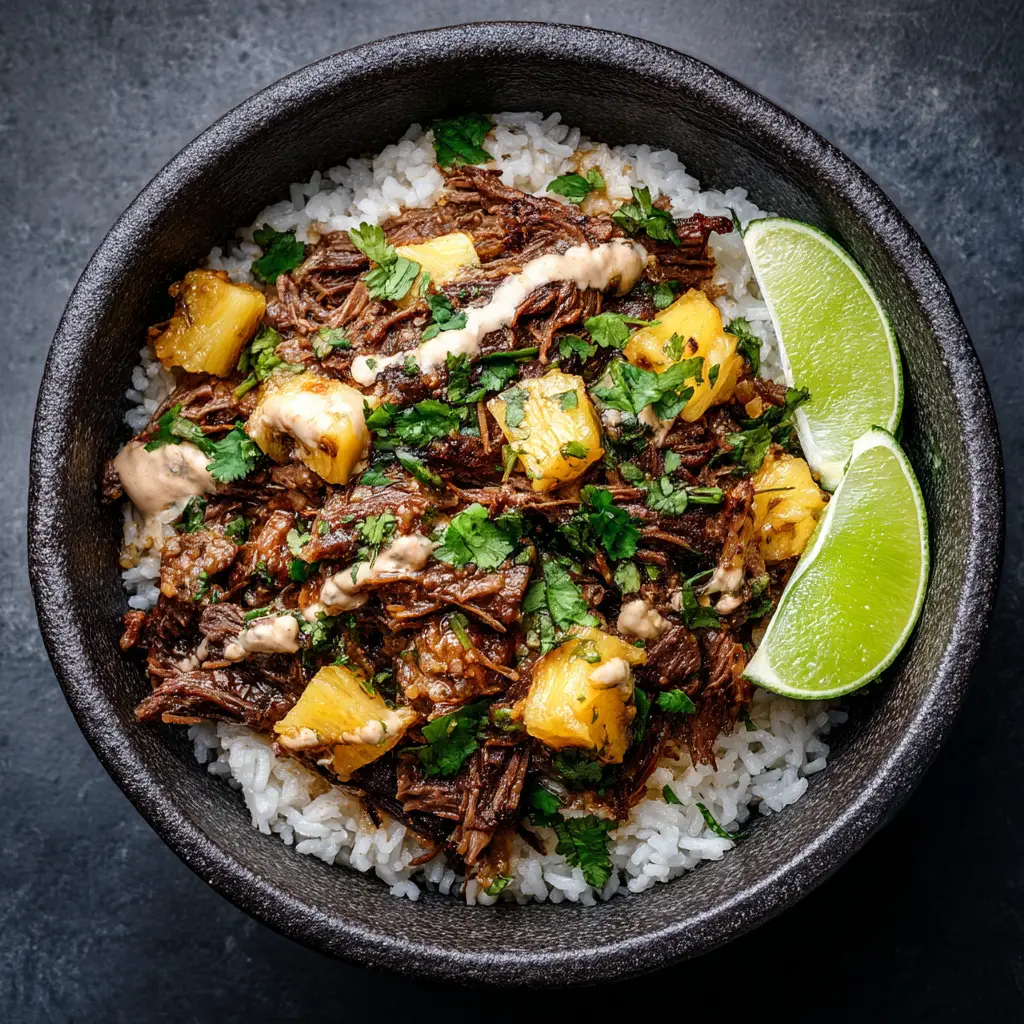 An extreme close-up of tender, shredded chipotle pineapple beef, highlighting the texture of the meat and the savory sauce.