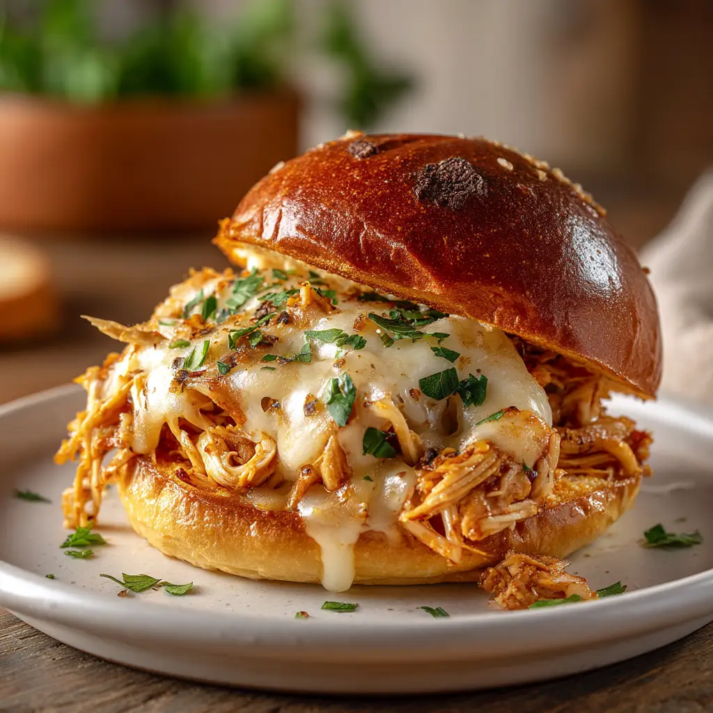 An extreme close-up shot of the shredded parmesan garlic chicken, highlighting the juicy texture and savory sauce.