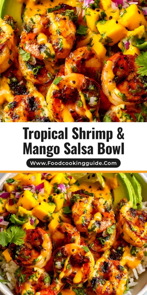 An overhead shot of a vibrant Shrimp Avocado Bowl, featuring perfectly cooked shrimp, diced avocado, corn, and tomatoes on a bed of quinoa, drizzled with a cilantro-lime dressing.