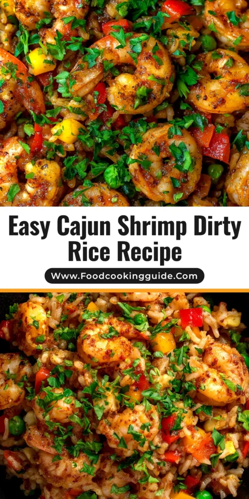 A top-down view of a skillet filled with flavorful Shrimp Dirty Rice, garnished with fresh parsley and green onions. The perfect pin to save for an easy Cajun dinner recipe.