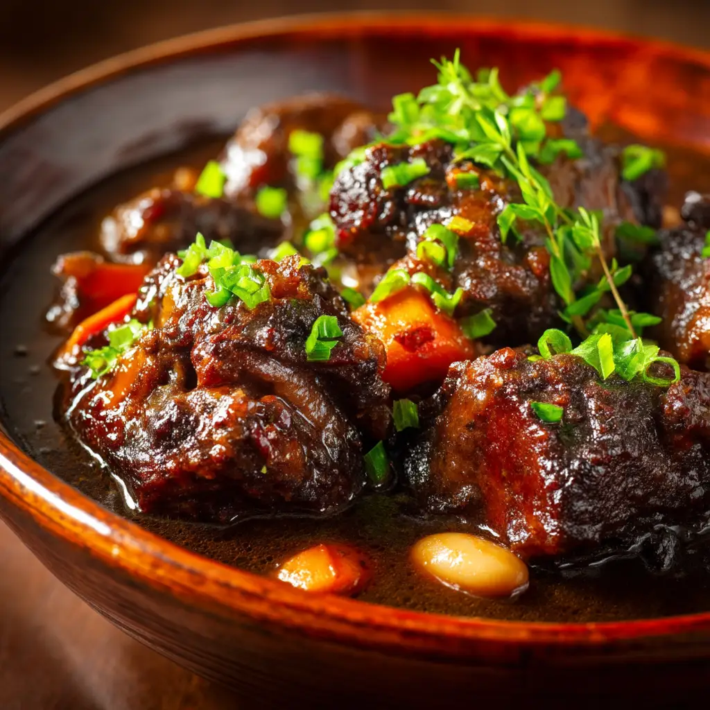 Jamaican Oxtail Recipe: The Ultimate Guide to Authentic Flavor 1 The process of simmering the Jamaican oxtail recipe in a large Dutch oven, with carrots and herbs visible in the stew.