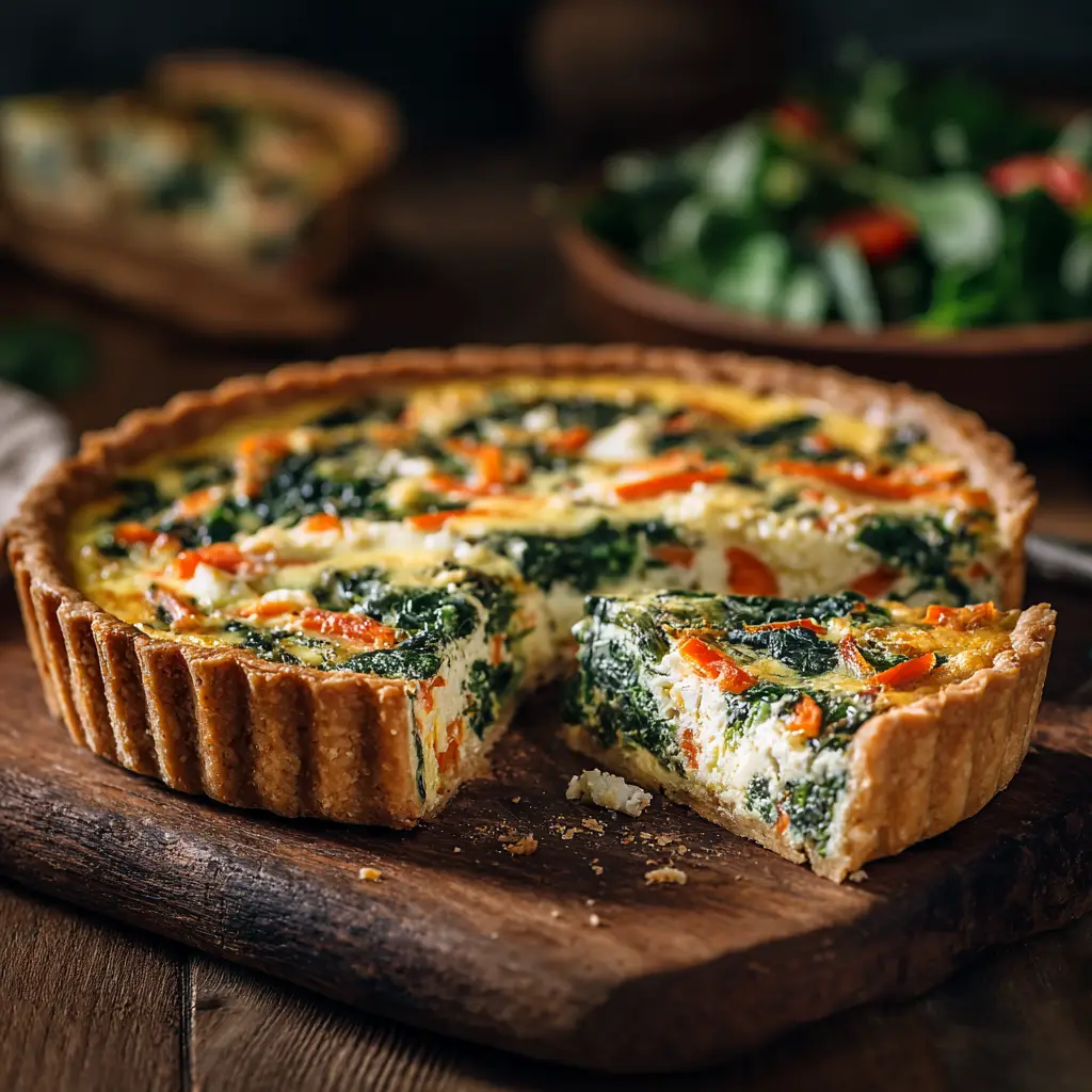 A close-up slice of winter vegetable quiche on a plate, revealing the layers of roasted vegetables, creamy egg custard, and melted cheese.