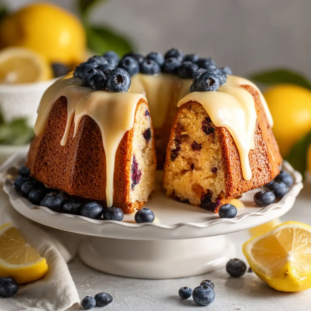 Slices of moist lemon blueberry pound cake arranged on a serving platter, showcasing the tender crumb and even distribution of blueberries.