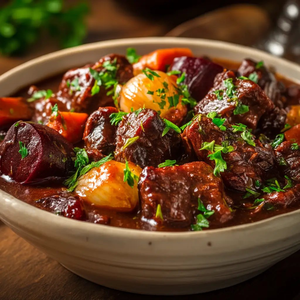 A bowl of finished French beef stew, served hot and garnished with fresh herbs. The perfect example of a comforting, slow-cooked meal.