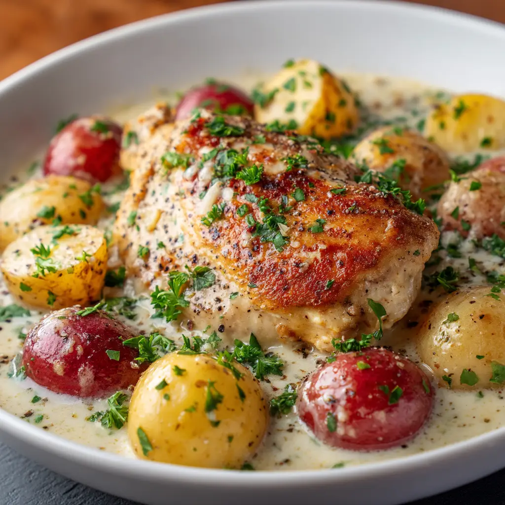 A close-up shot of slow cooker garlic parmesan chicken, showing the creamy sauce coating a piece of chicken and a tender potato.