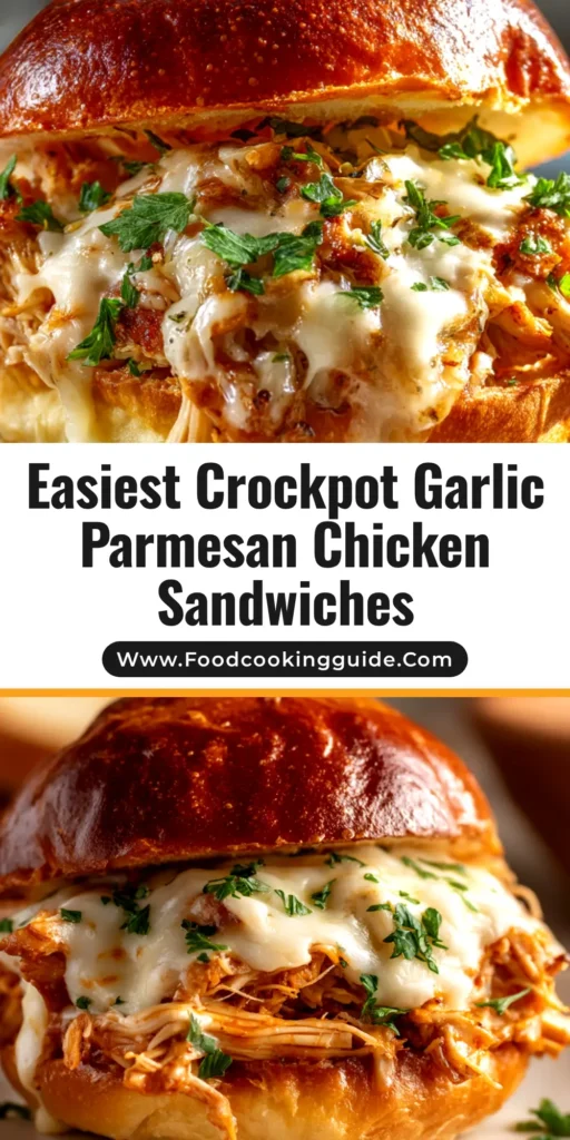 A delicious Slow Cooker Parmesan Garlic Chicken Sandwich on a toasted bun, with melted cheese dripping down the side, shown against a clean background.