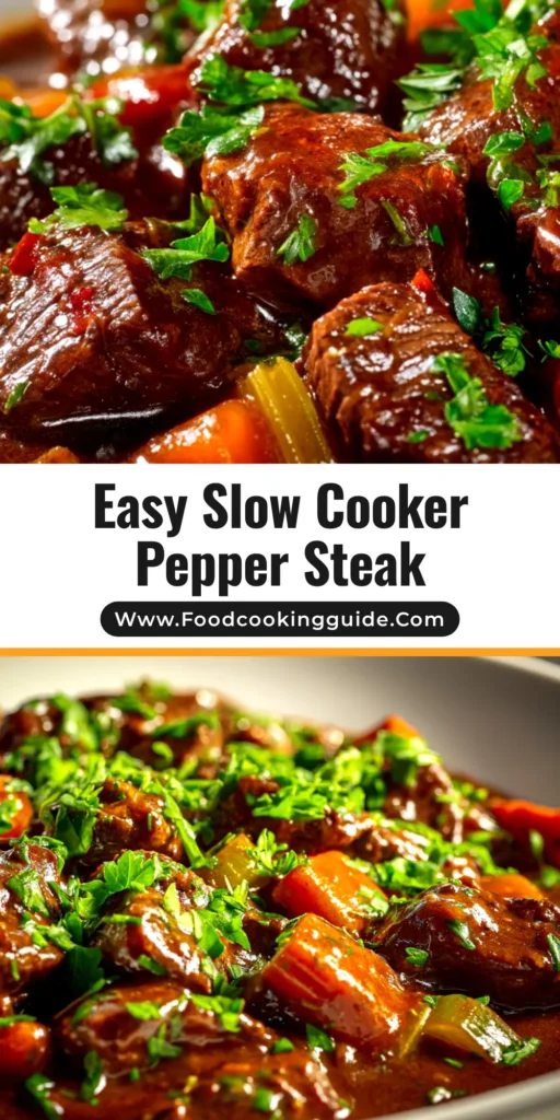 A delicious bowl of Slow Cooker Pepper Steak served over a bed of white rice. The tender beef and colorful bell peppers are coated in a rich, glossy sauce.