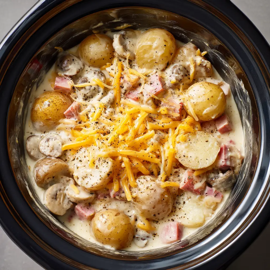 A close-up serving of slow cooker scalloped potatoes and ham. The layers of potato, ham, and cheese are visible in this comforting dish.