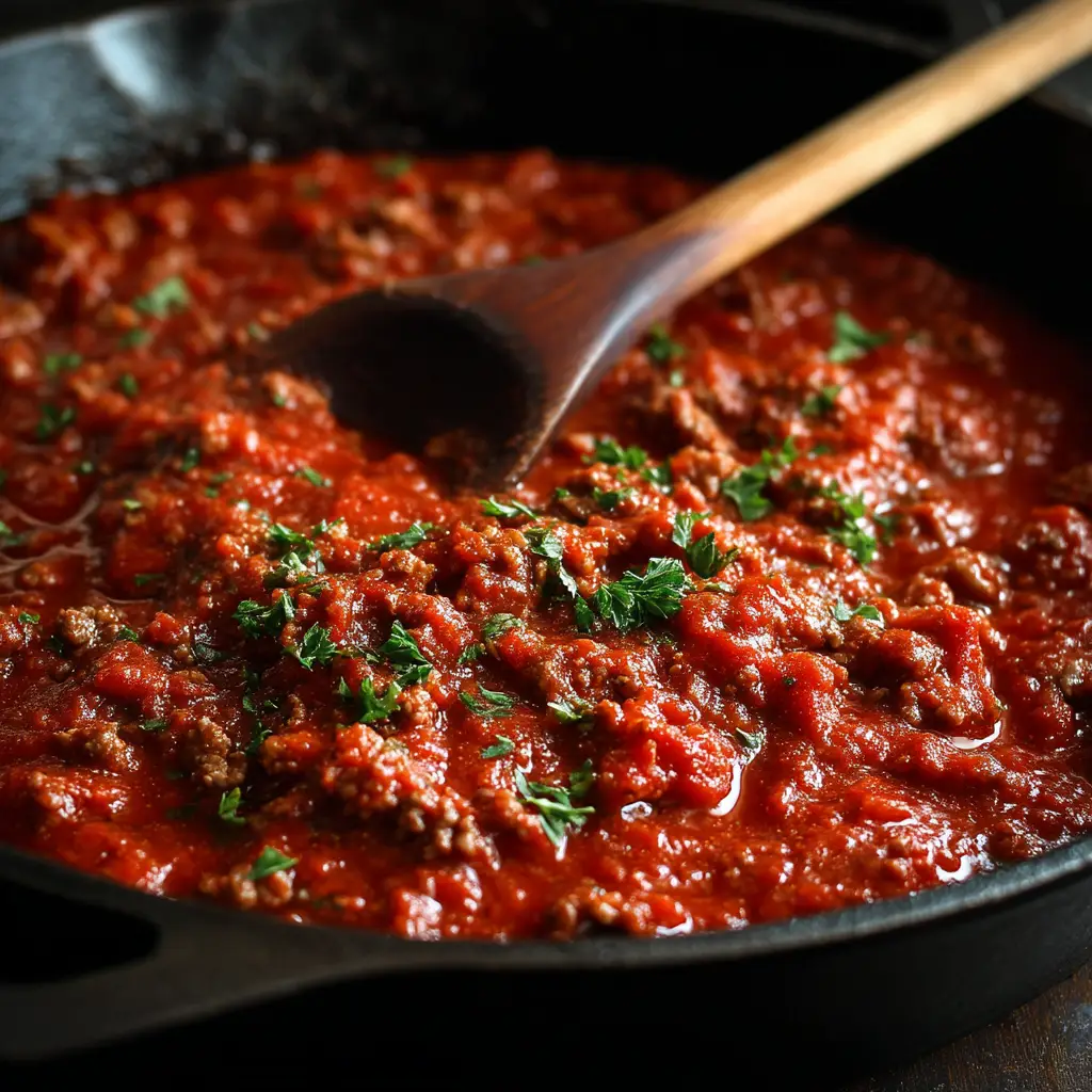 A close-up shot of a rich, thick Italian meat sauce simmering in a rustic pot, showcasing the texture and deep red color of the authentic gravy.