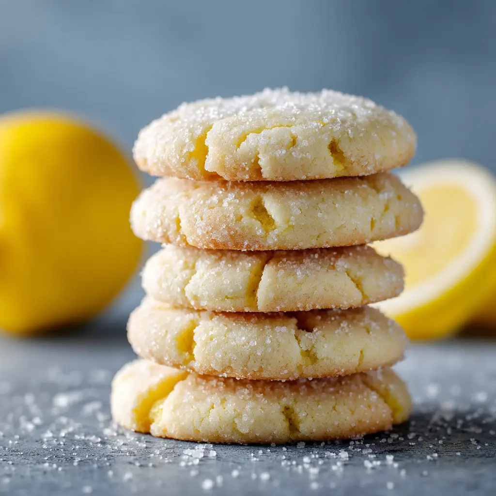 A close-up shot of soft lemon crinkle cookies stacked on a cooling rack, showcasing their chewy texture and sugary coating.