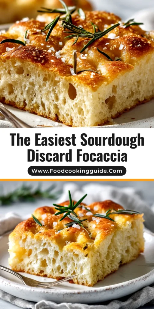 A close-up shot of a thick, golden-brown slice of Sourdough Discard Focaccia, showing a fluffy and bubbly interior. The top is dimpled and sprinkled with flaky sea salt.