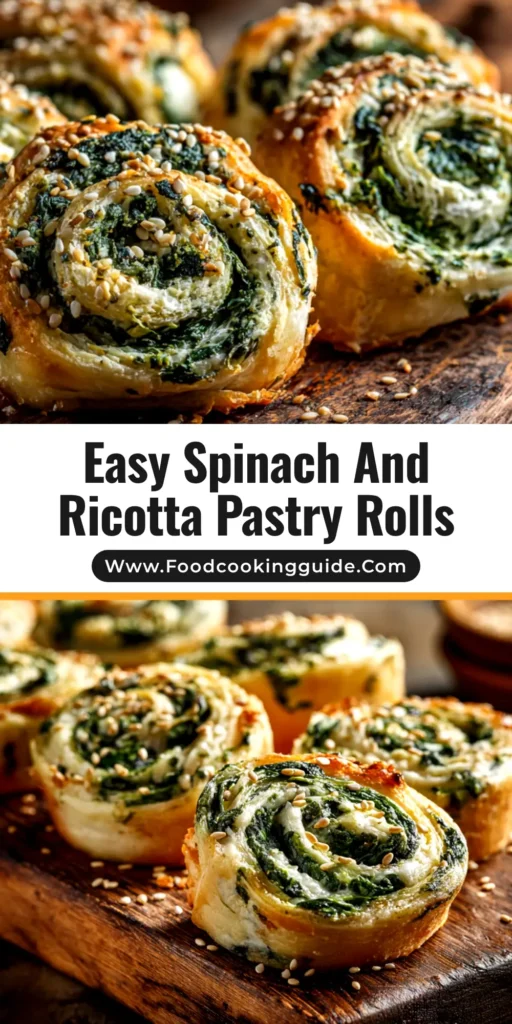 A platter of golden-brown, flaky spinach and ricotta rolls, ready to be served. The perfect easy appetizer recipe.